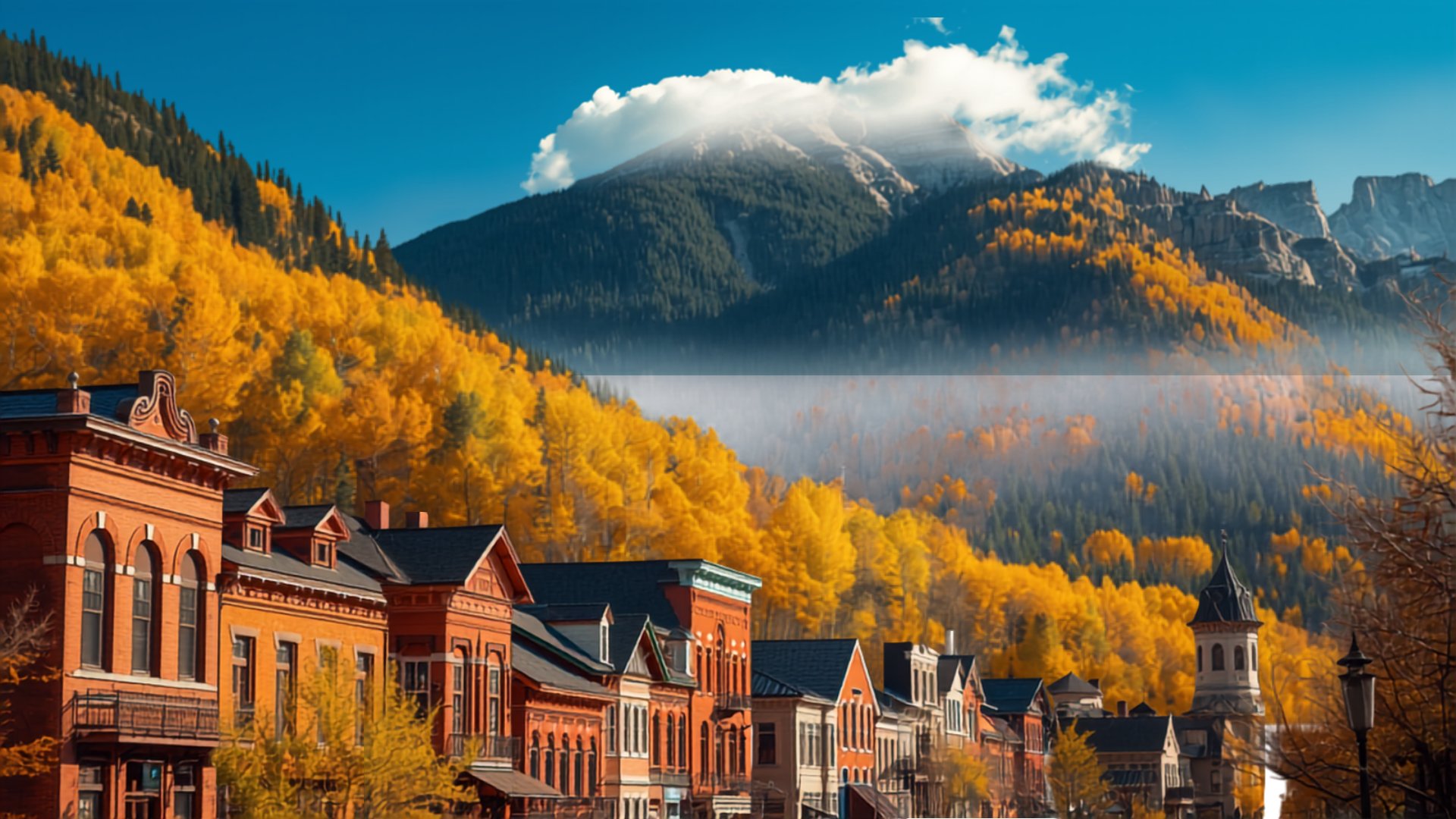 Colorado mountain town with golden aspen trees in autumn