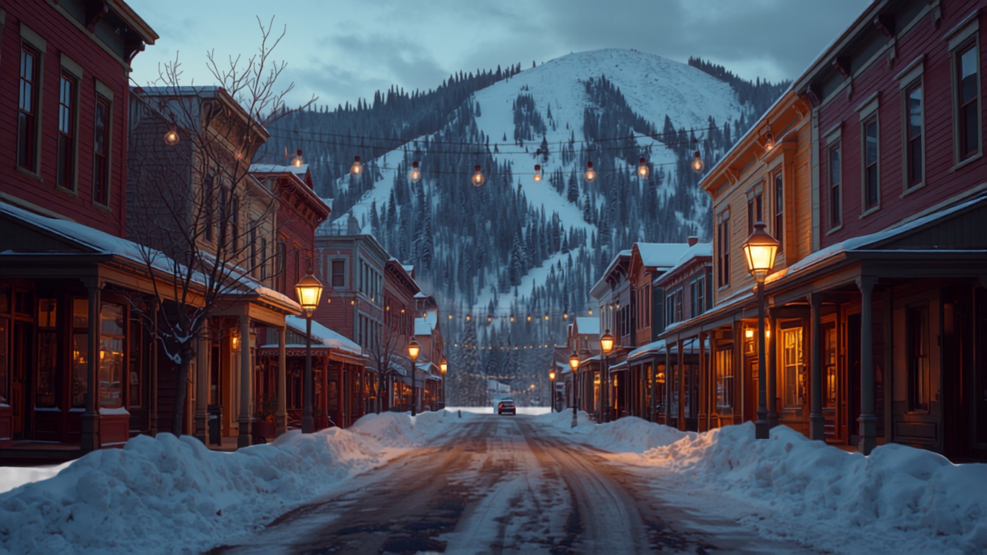 Victorian main street of a Colorado mining town in winter