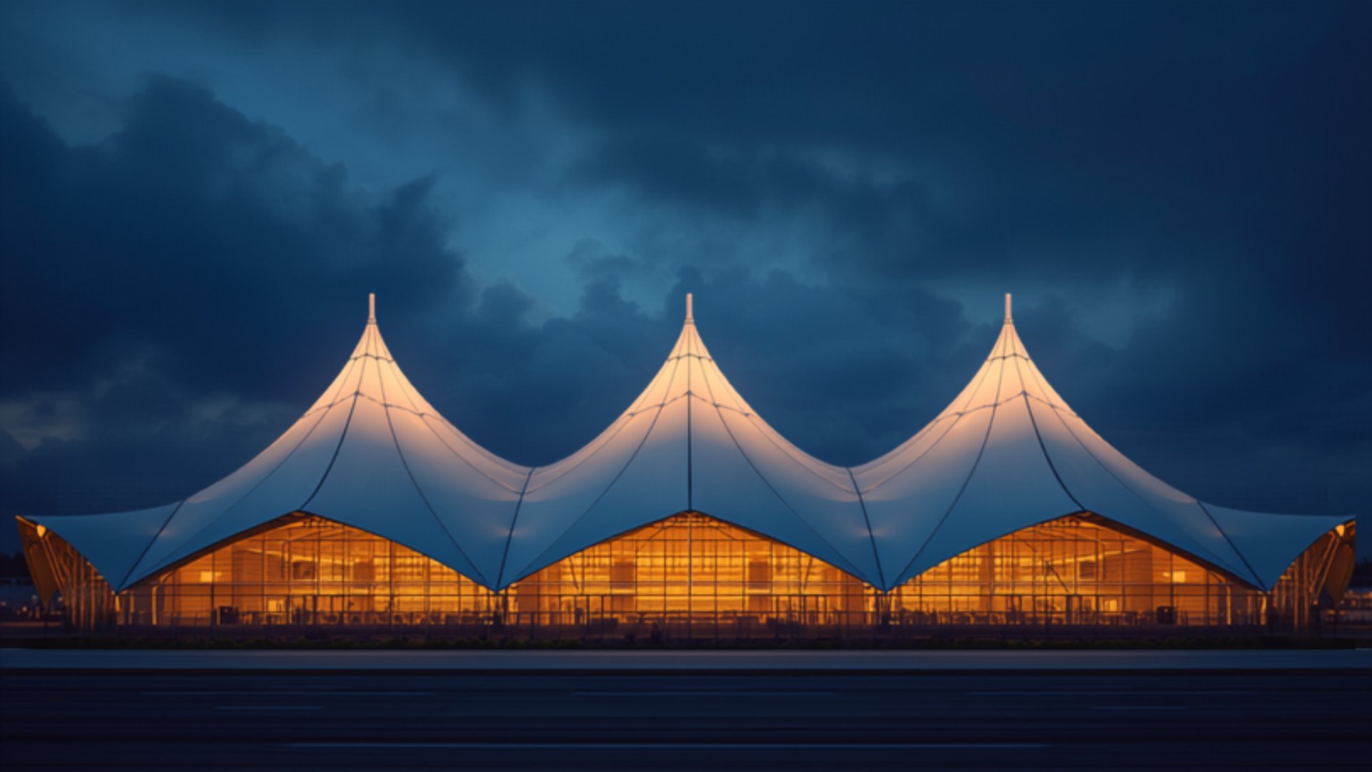Denver International Airport's iconic peaked terminal at dusk