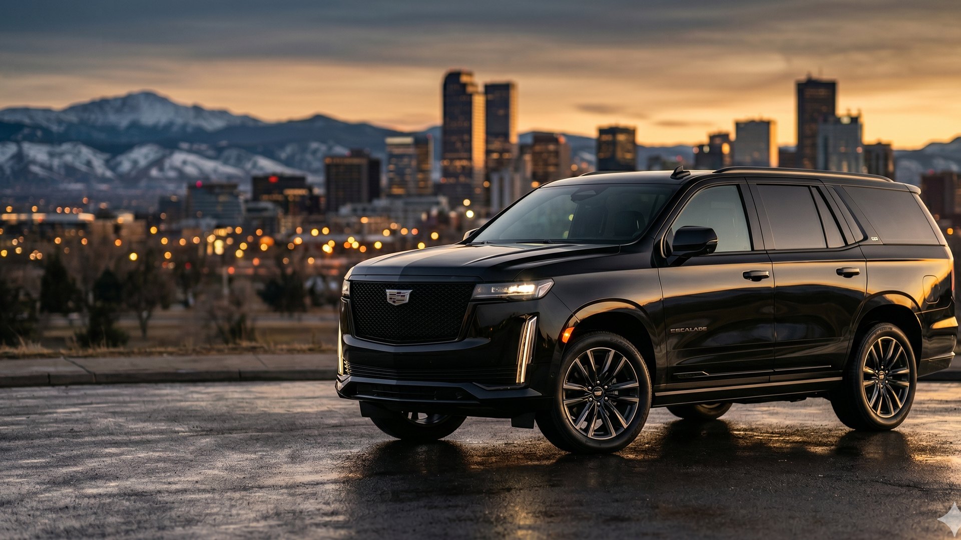 Black stretch limousine in front of the Denver skyline at dusk