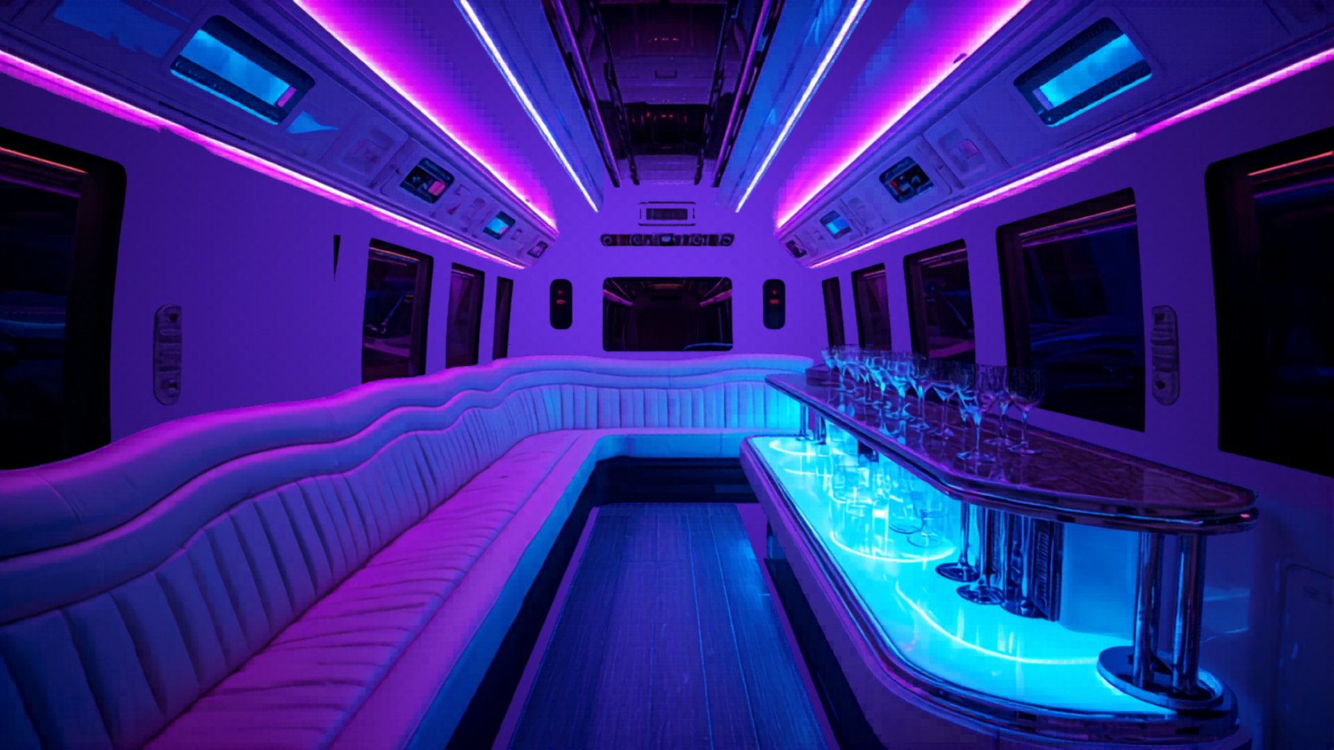 Luxury party bus interior with LED mood lighting