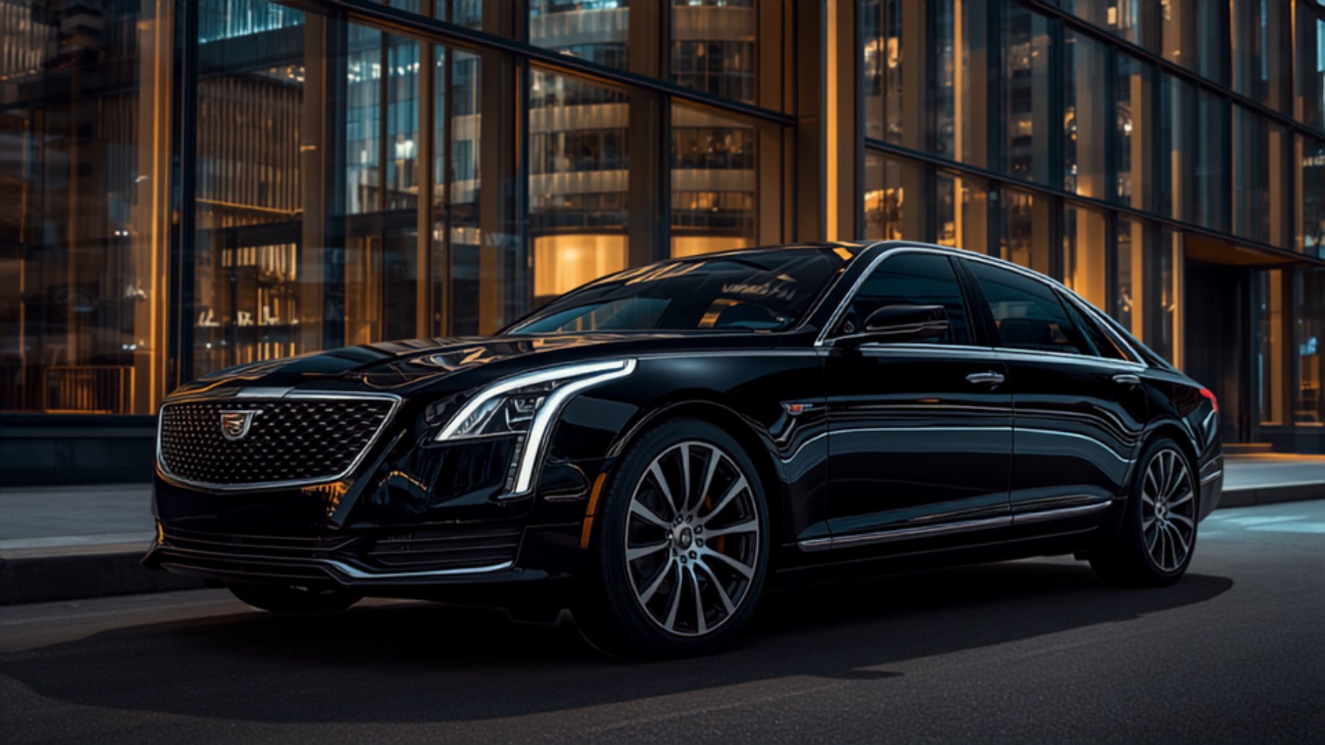 Black executive sedan staged outside a modern office tower