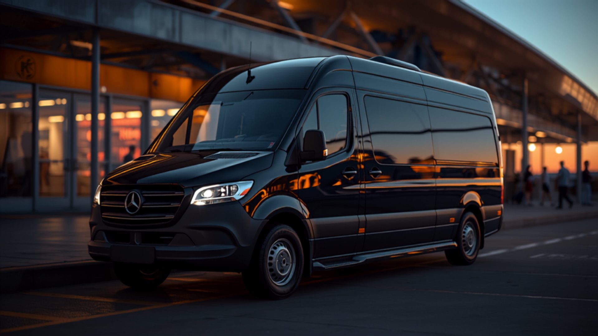 Black chauffeured Mercedes-Benz Sprinter at an airport terminal