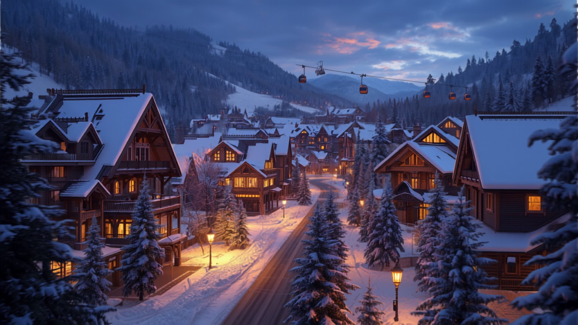 Alpine ski village with snow-covered lodges at dusk