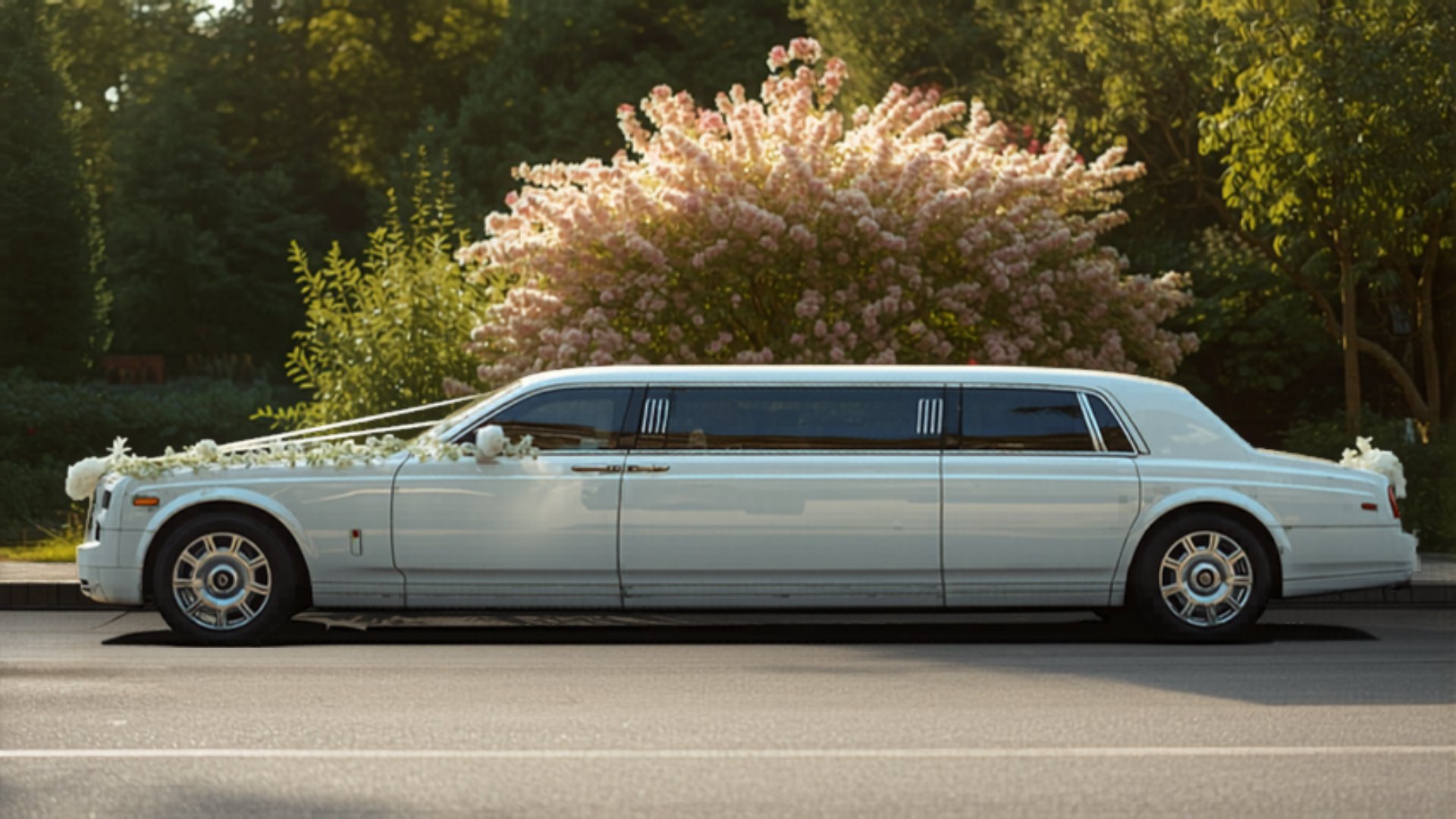 White stretch limousine prepared for wedding transportation