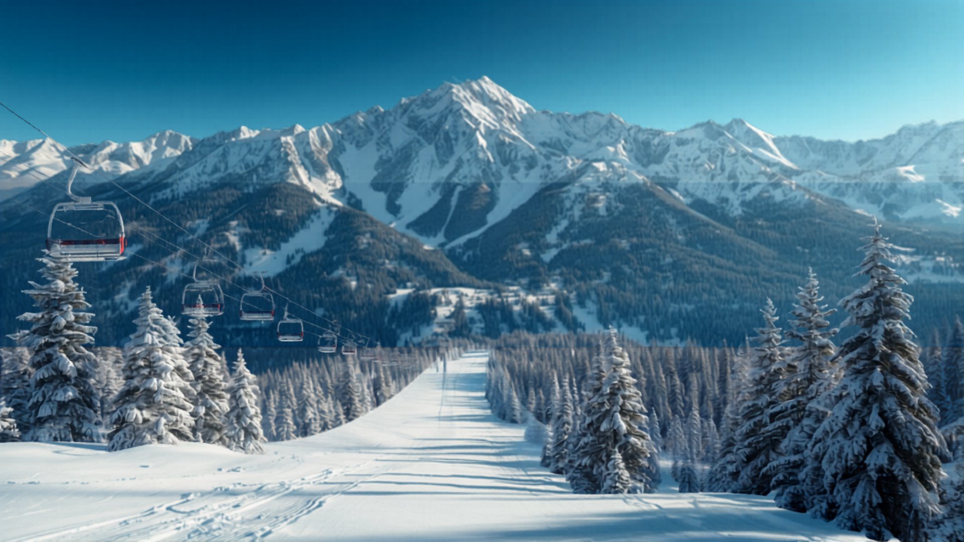 Snow-covered ski slopes and chairlifts under a blue Colorado sky